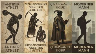 Illustration, die zeigt, wie sich männliche Körperideale von der Antike bis zur Moderne verändert haben