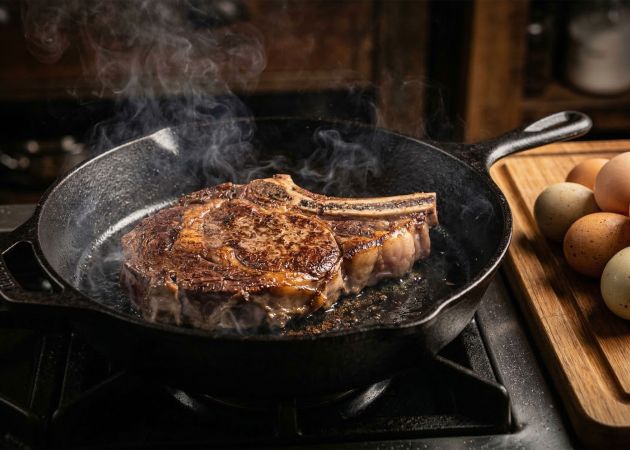 Un steak sellado en una sartén de hierro fundido representando la nutrición masculina ancestral.