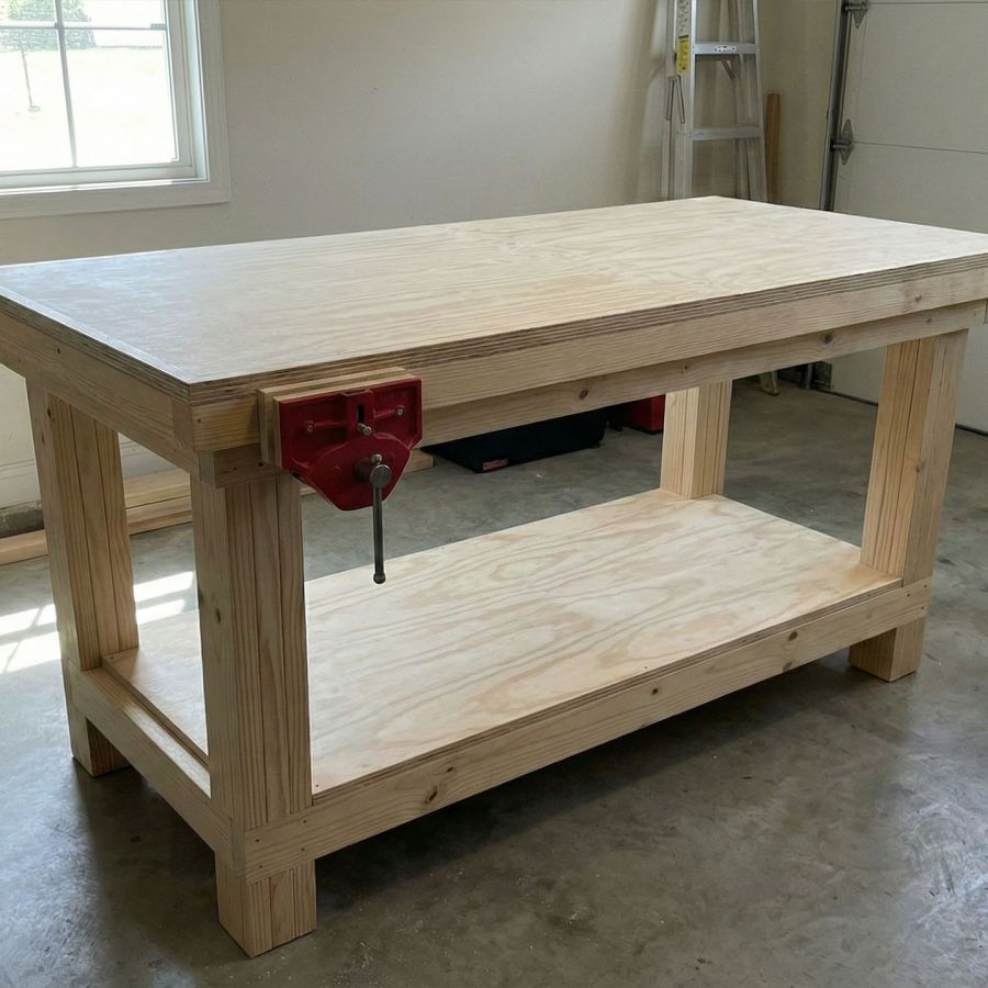 Fertiggestellte Schwerlast-Holzwerkbank mit doppelter Sperrholzplatte und rotem Metallschraubstock in einer Garagenwerkstatt.
