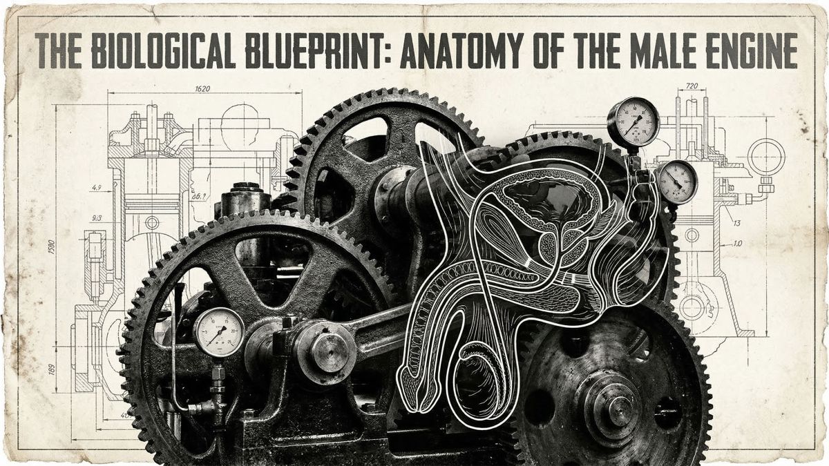 Technical blueprint style illustration of male physiological structures.