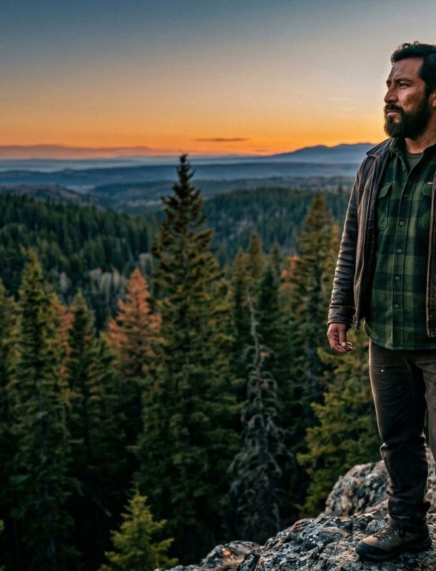 Un hombre decidido mirando un valle, representando la salud masculina y el legado generacional.