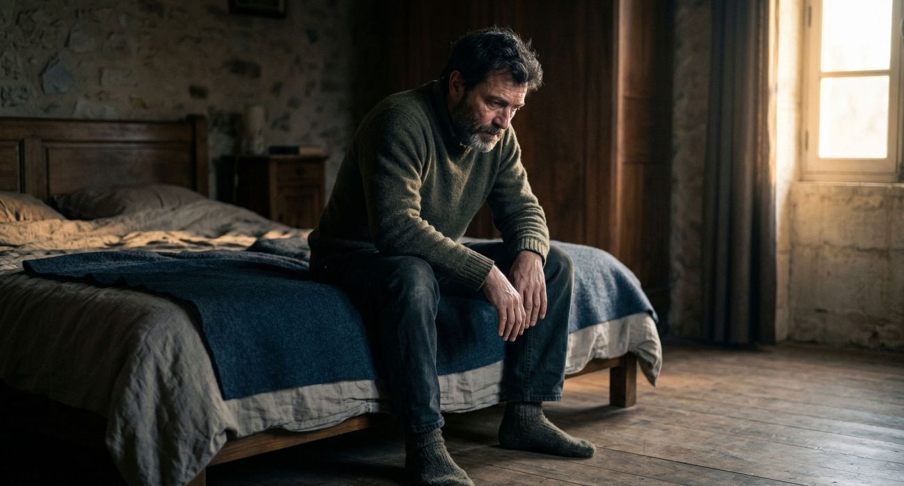 Homme assis au bord du lit à l’aube, ressentant les effets du manque de sommeil et du stress sur sa santé