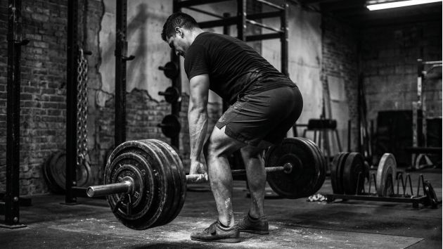 Hombre realizando un levantamiento de peso muerto con barra pesada con soporte corporal completo, lo que representa la activación del suelo pélvico y la estabilidad del tronco en atletas masculinos.