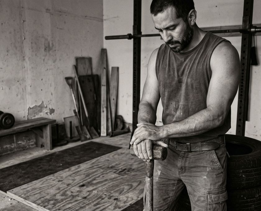 Un hombre enfocado en fuerza funcional en un entorno rudo.