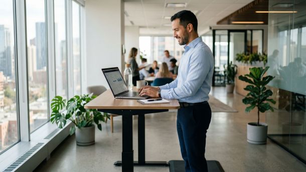 Hombre profesional usando escritorio de pie para mejorar circulación y postura.