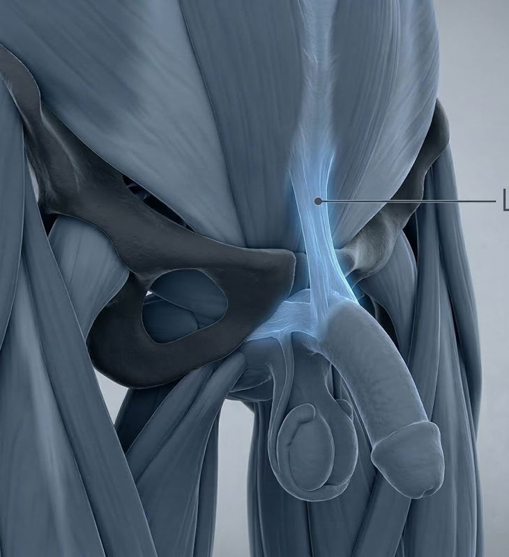 Ilustração médica 3D do ligamento suspensor masculino e da sínfise púbica.