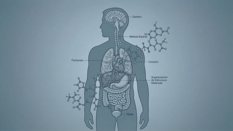 Ilustración de una figura masculina superpuesta con la estructura molecular de microplásticos, que representa la disminución de testosterona prevista hasta 2050.