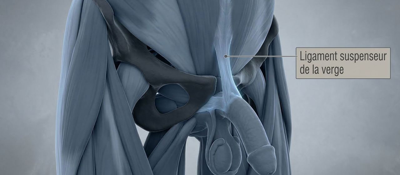 Illustration médicale 3D du ligament suspenseur masculin et de la symphyse pubienne.