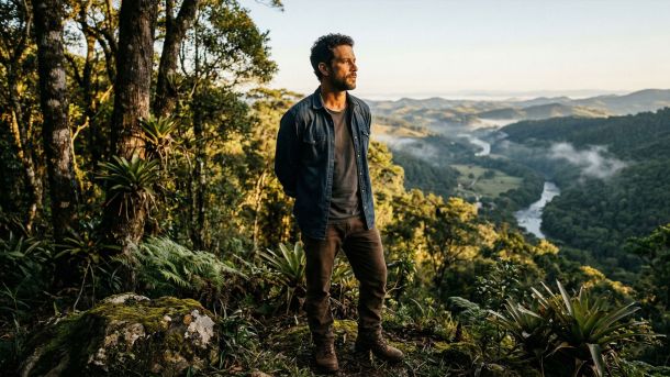 Um homem determinado observando um vale, representando saúde masculina e legado geracional.