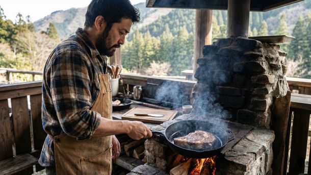 素朴な環境で高たんぱくのパフォーマンス食を準備する男性。