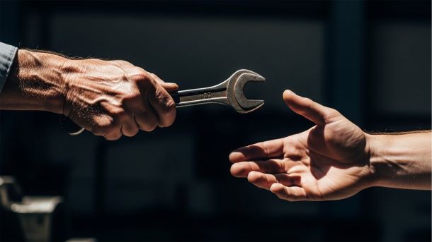 Un père enseignant un métier à son fils, symbolisant la transmission du savoir et de la dynastie.