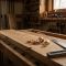 A man’s hands working with traditional woodworking tools on a sturdy workbench.