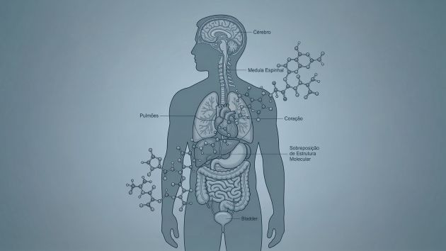 Ilustração de uma figura masculina sobreposta à estrutura molecular de microplásticos, representando a previsão de declínio dos níveis de testosterona até 2050.