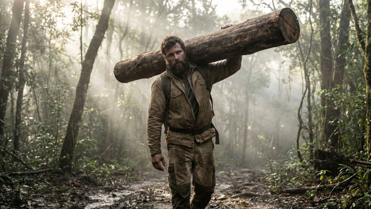 Um homem demonstrando força funcional carregando uma carga pesada em um ambiente natural.