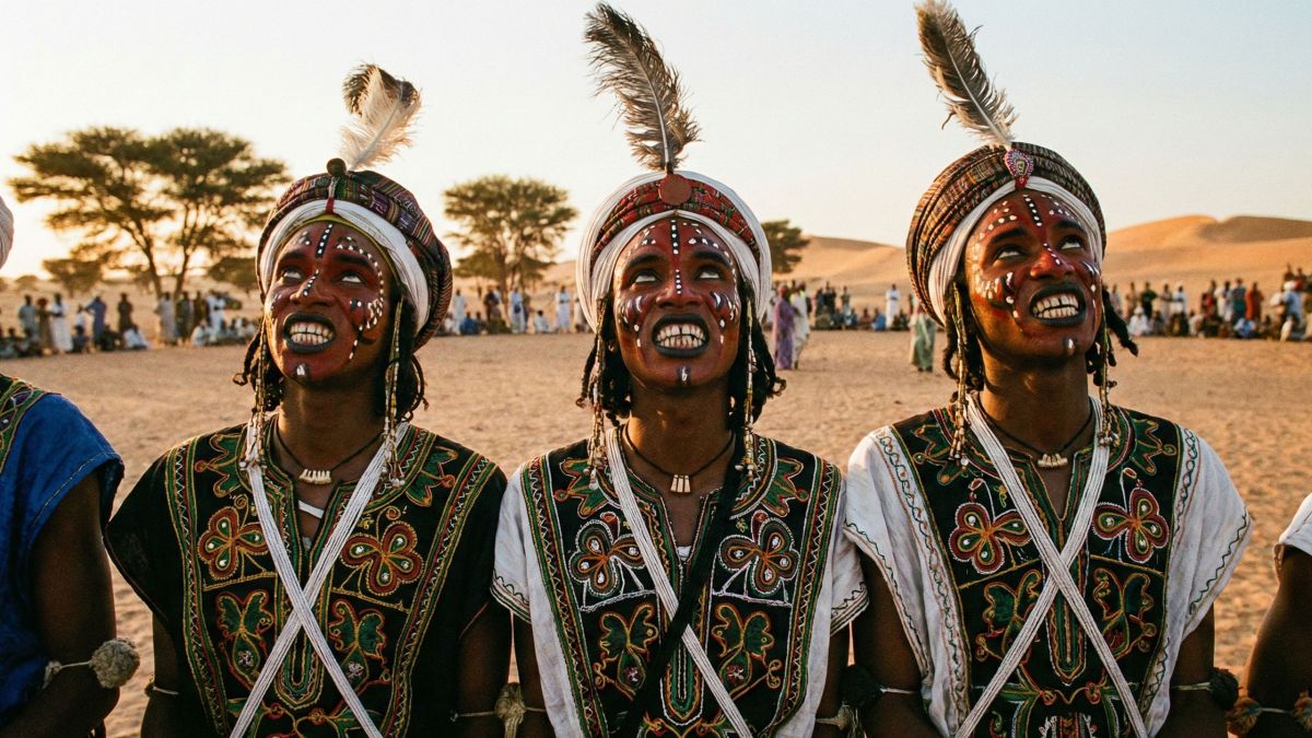 ニジェールのゲレウォル祭でヤーケ舞踊を披露するウォダベ族の男性たち。