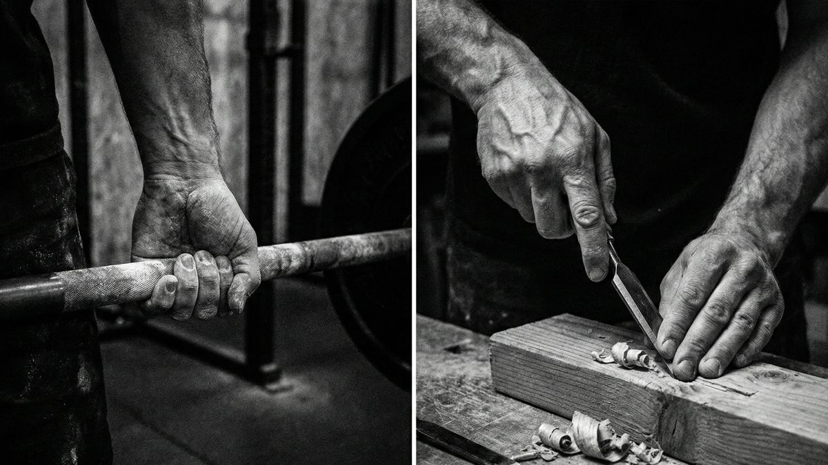 Un homme se concentrant sur sa compétence physique et le travail manuel comme forme d'acceptation du corps.