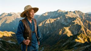 山脈を見渡す力強い男性。伝統的な男性の活力と提供者の役割を象徴している。