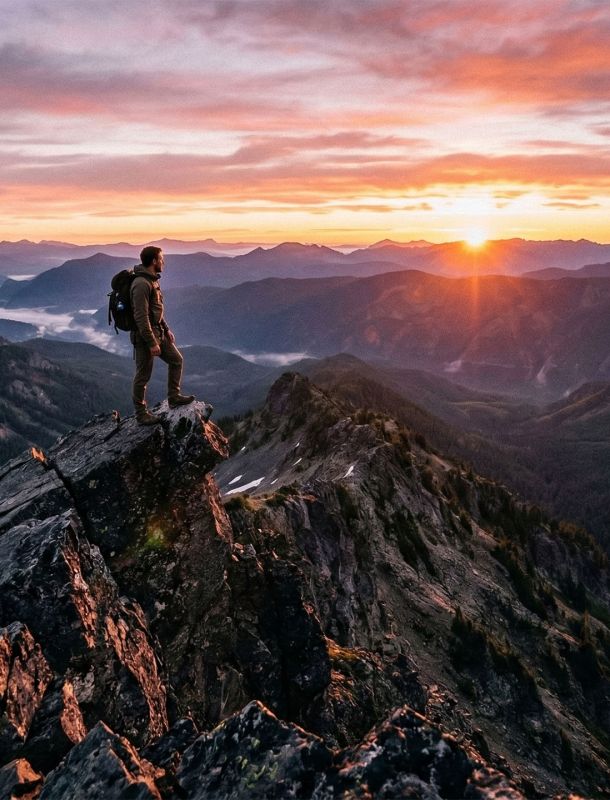 A man standing on a rocky mountain peak overlooking a vast valley at sunrise.