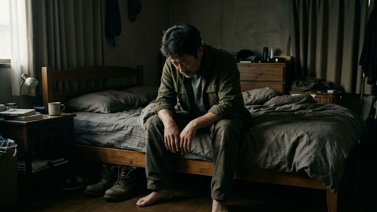 早朝の光の中でベッドの端に座り、ストレスと睡眠不足の影響を感じる男性