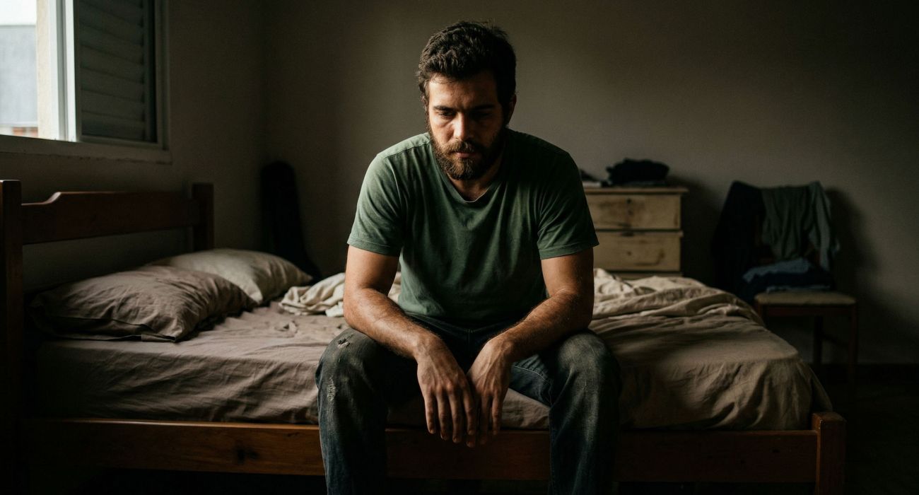 Homem sentado na beira da cama pela manhã refletindo sobre os efeitos do estresse e da falta de sono