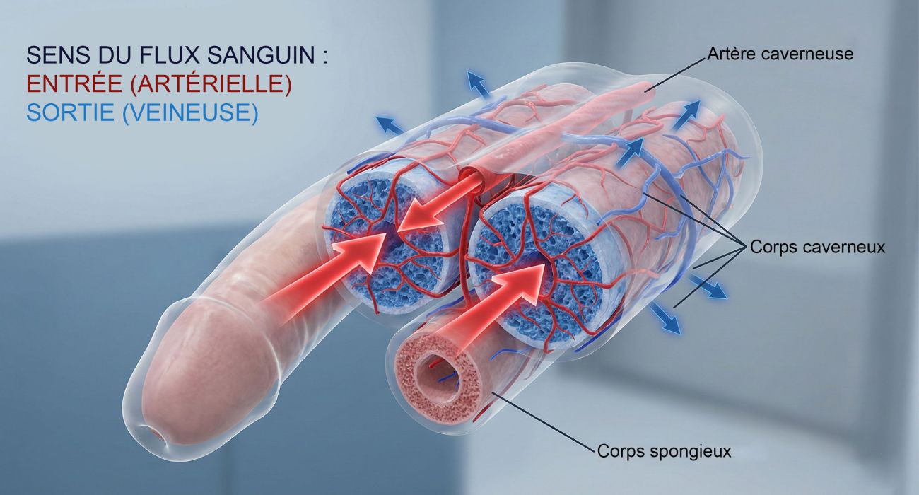 Diagramme montrant les chambres hydrauliques internes de l'anatomie masculine pendant l'excitation.