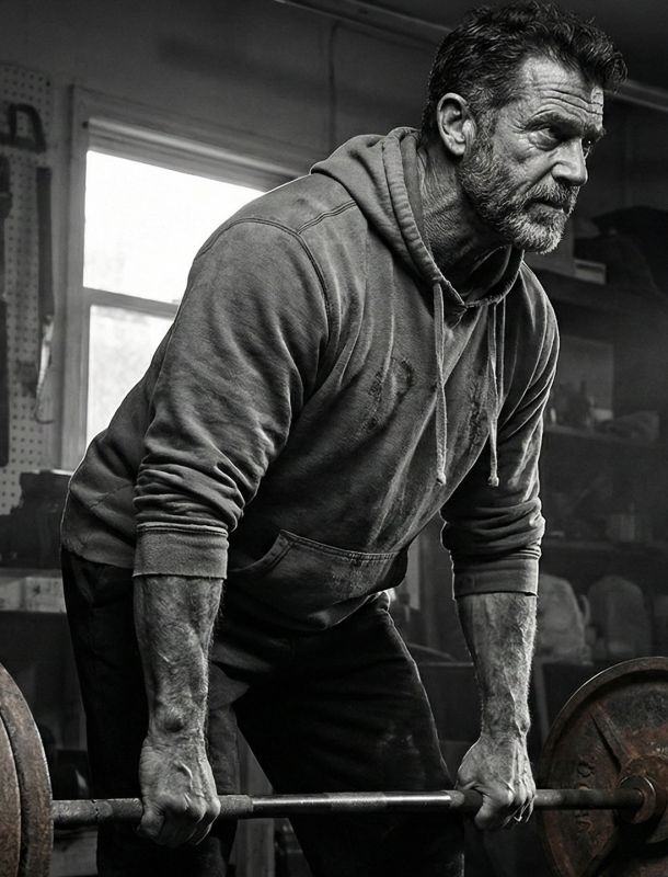 Homem maduro realizando um levantamento terra pesado para manter a massa muscular e a densidade óssea.