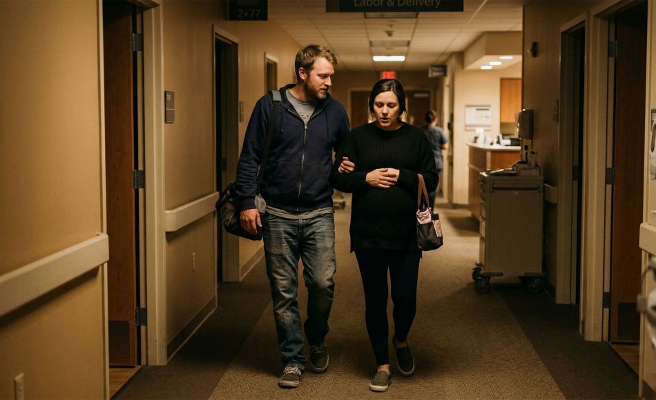 A father to be walking with his wife to the maternity unit, emotional and overwhelmed with love