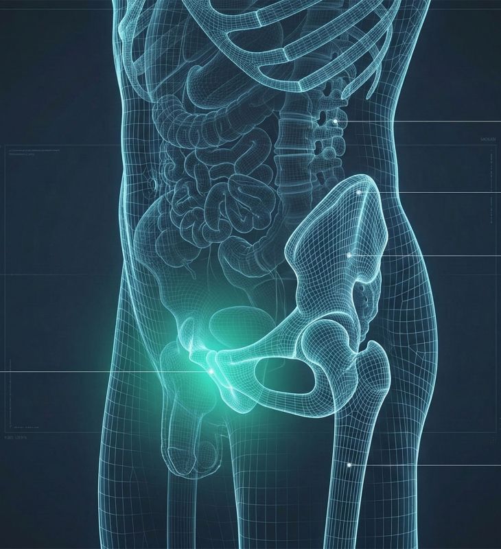 Ilustração médica de uma pelve masculina destacando a área suprapúbica e o alinhamento pélvico.