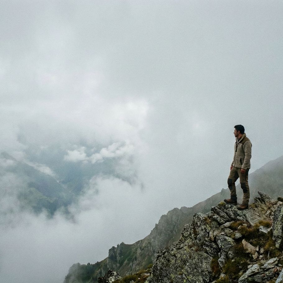 Un hombre parado solo en una cresta de montaña neblinosa y escarpada, evitando preocupaciones médicas.