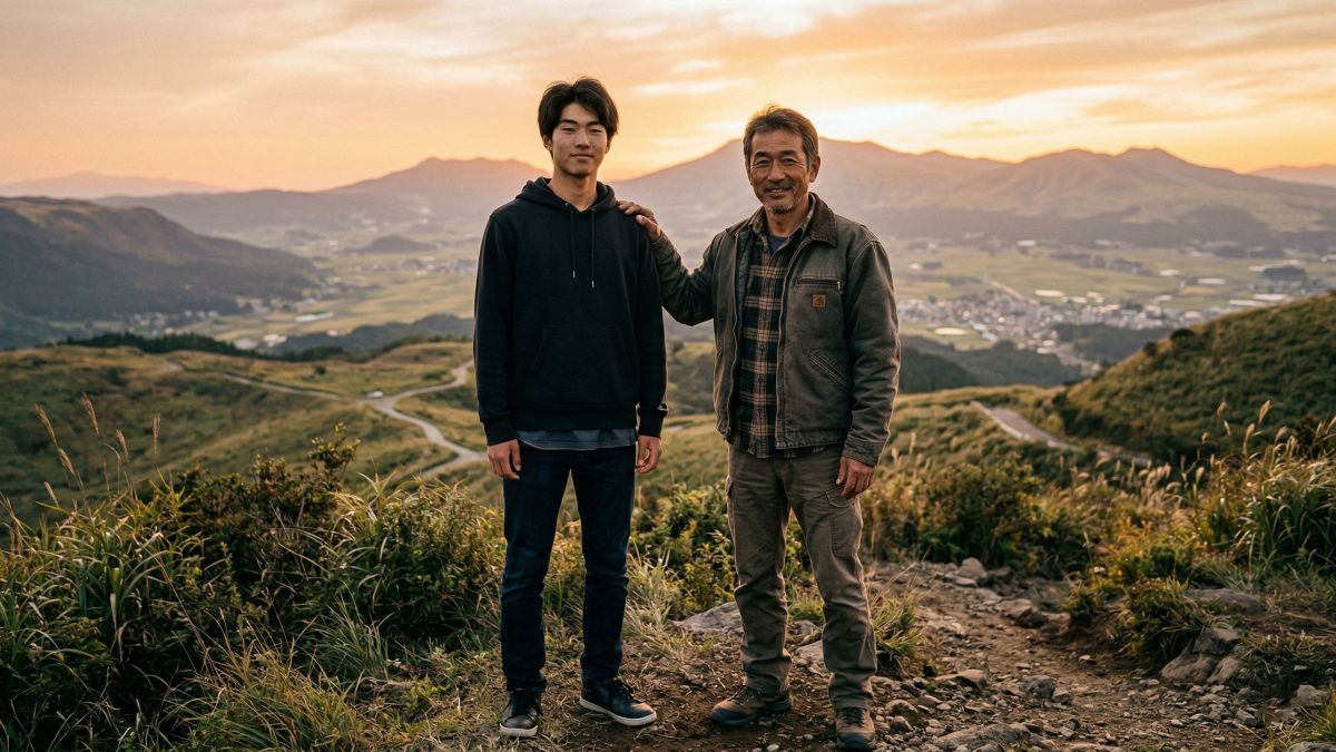 黄金色の時間に父と息子が一緒に立つ姿、男性的な強さ、父性、家族の遺産を象徴