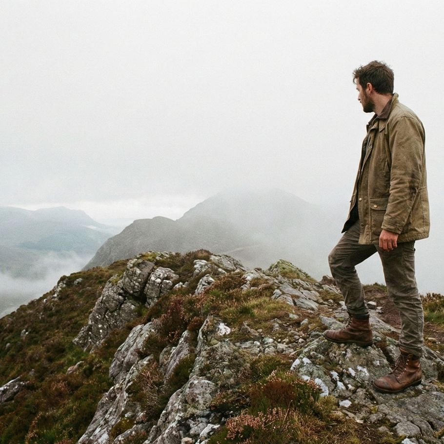 Un homme seul sur une crête de montagne brumeuse et escarpée, évitant ses préoccupations médicales.