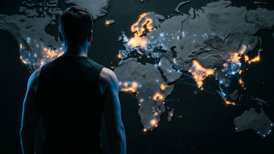 Topografische Weltkarte mit biometrischen Heatmaps zu regionalen Unterschieden bei männlicher Größe, Testosteron und Muskelstruktur