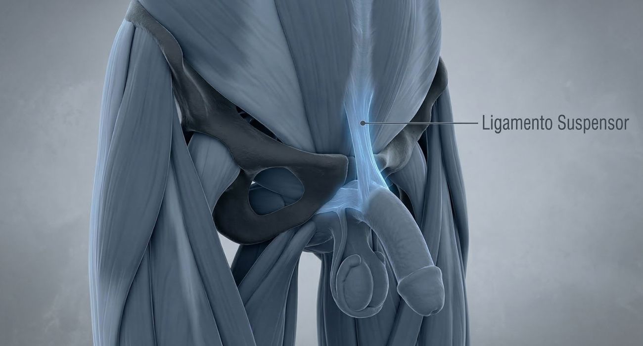 Ilustração médica 3D do ligamento suspensor masculino e da sínfise púbica.