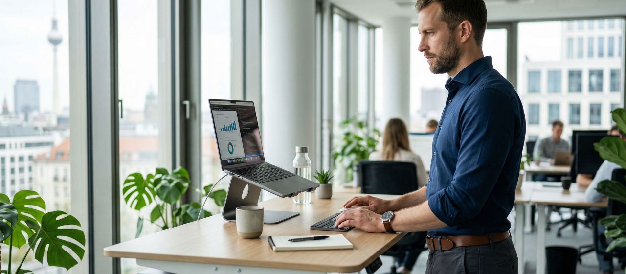 Geschäftsmann nutzt einen Stehschreibtisch zur Verbesserung von Haltung und Durchblutung.