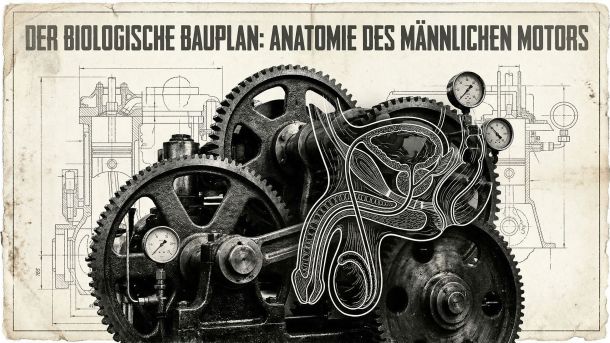 Illustration im technischen Bauplanstil der männlichen physiologischen Strukturen.
