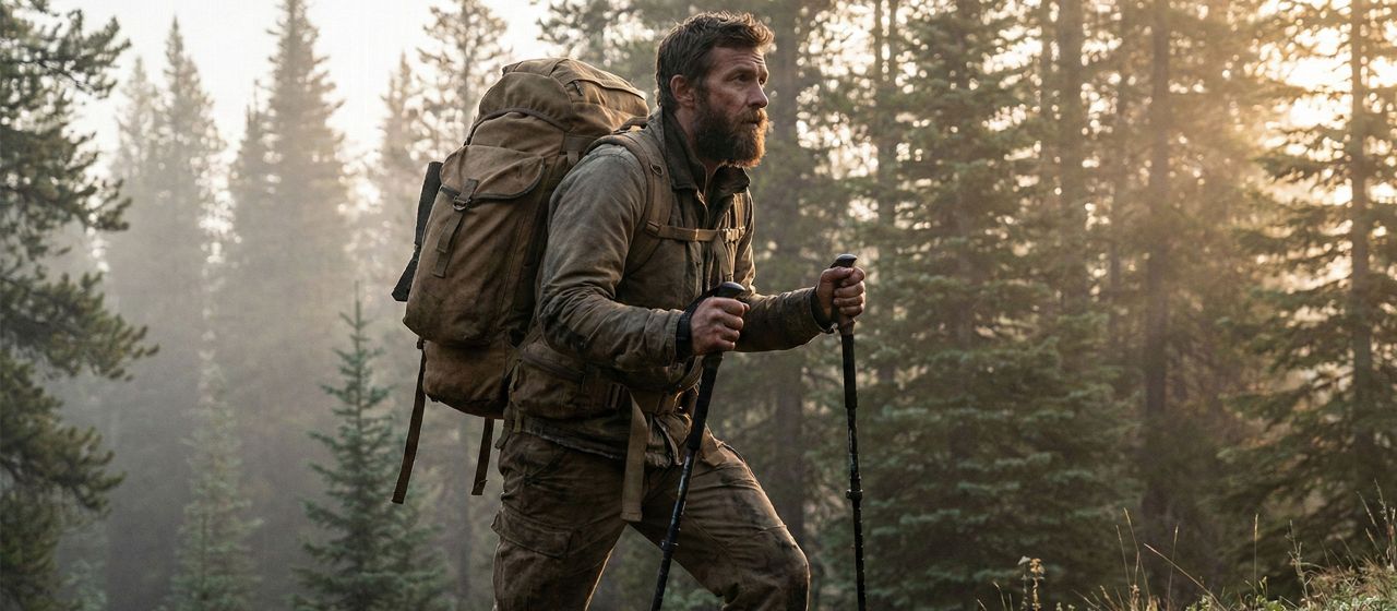 A fit man hiking outdoors representing rugged masculine health and peak physical performance.