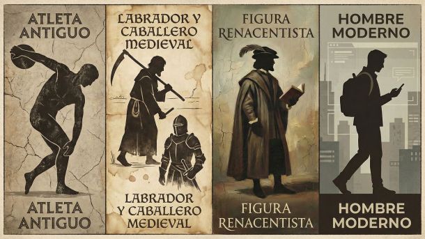 Ilustración que muestra cómo los ideales del cuerpo masculino variaron a lo largo de las eras históricas, desde la Antigua Grecia hasta la era moderna