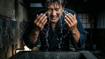 短いひげの男性がミニマルな浴室で顔に水をかけている。