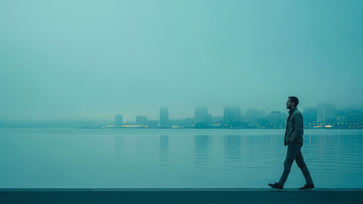 Un hombre caminando junto a un tranquilo paseo marítimo al amanecer, simbolizando el equilibrio entre la ambición profesional y la identidad personal.