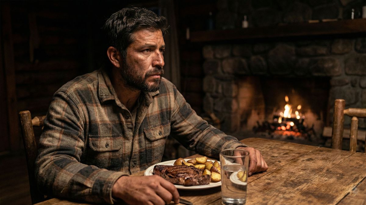 Un hombre fuerte sentado en una mesa de madera disfrutando de una comida tradicional y abundante.
