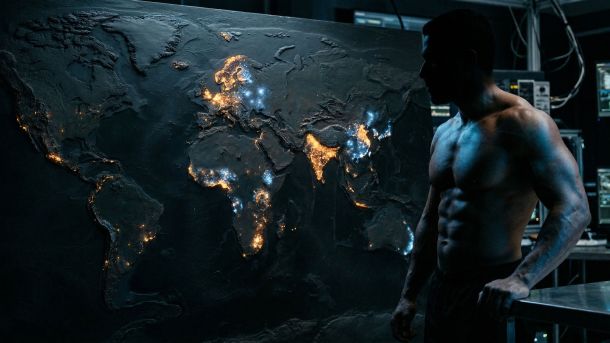 Mapa mundial topográfico con puntos de calor biométricos que muestran variaciones regionales en altura, testosterona y musculatura masculina