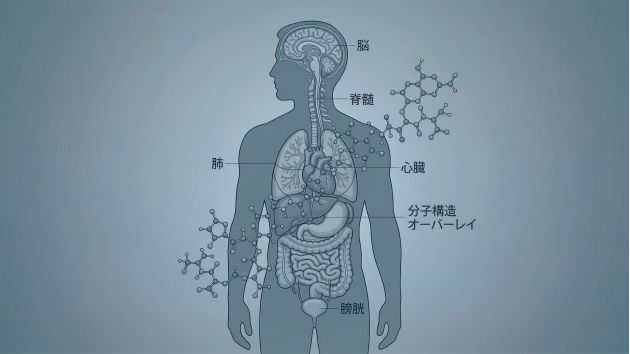 マイクロプラスチックの分子構造を重ね合わせた男性像のイラスト。これは、2050年までに予測されるテストステロンの減少を表している。