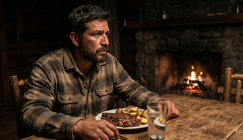 Un hombre fuerte sentado en una mesa de madera disfrutando de una comida tradicional y abundante.