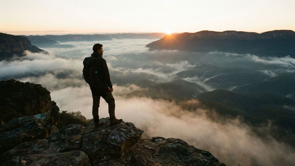Un homme contemple un paysage montagneux et sauvage lors d’une expédition en solitaire.