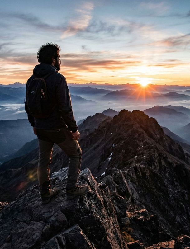Um homem em pé no topo de uma montanha rochosa observando um vasto vale ao nascer do sol.