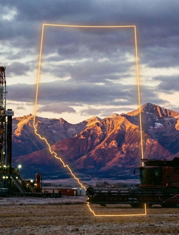 Um pôr do sol sobre as Montanhas Rochosas de Alberta e uma paisagem industrial representando o futuro soberano da província.