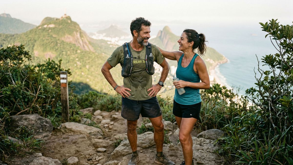 Homem na faixa dos quarenta treinando ao ar livre — simbolizando saúde hormonal, força e masculinidade ativa