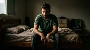 Homem sentado na beira da cama pela manhã refletindo sobre os efeitos do estresse e da falta de sono