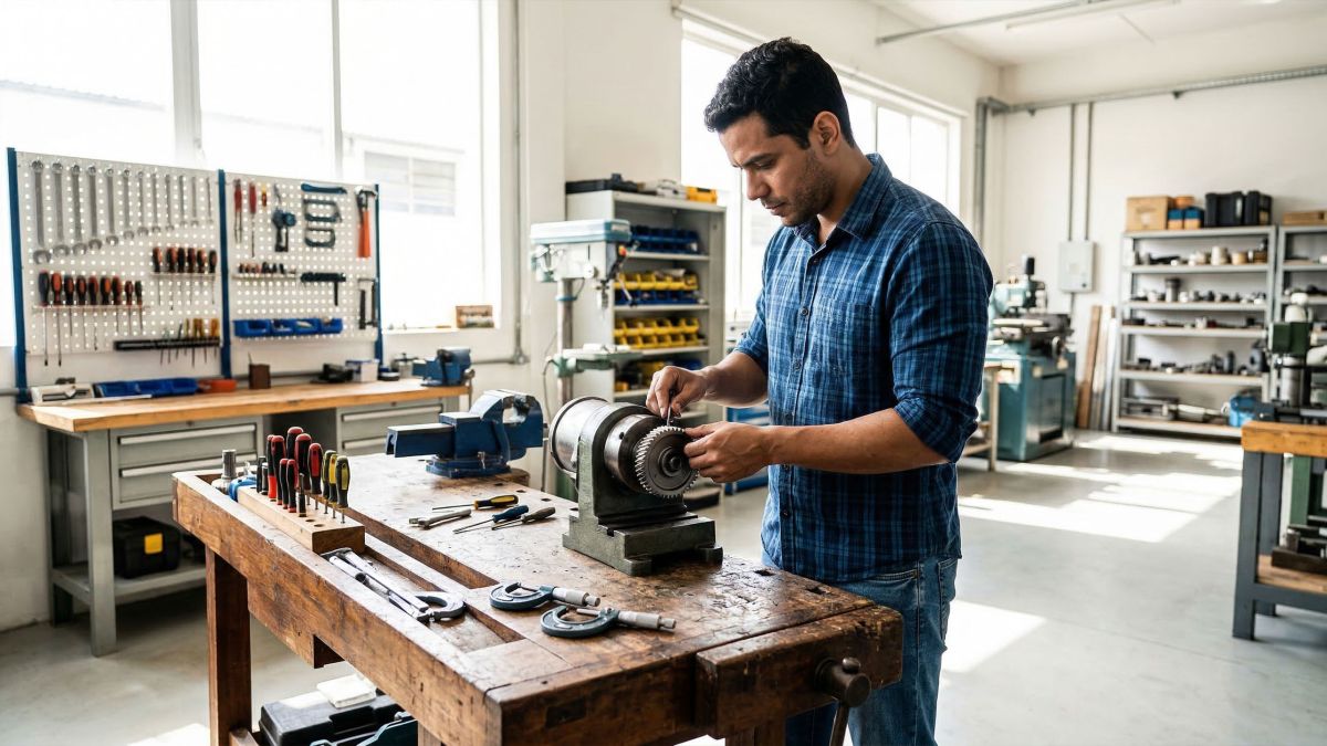 Um homem em uma oficina simbolizando a abordagem focada e mecânica da comunicação no relacionamento.