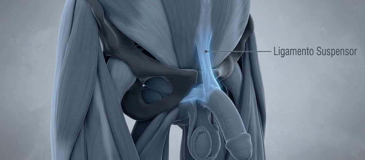 Ilustração médica 3D do ligamento suspensor masculino e da sínfise púbica.